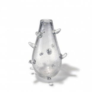 Ann Wahlström, Vase, c. 1990: Ann Wahlström, Vase, c. 1990, H. 40.5 cm. Clear glass, pricked air bubbles, applied horn-shaped batches. Signed and inscribed: Ann Wahlström, 8 AW/ED 934001/10 Kosta Boda A WAHLSTRÖM ED