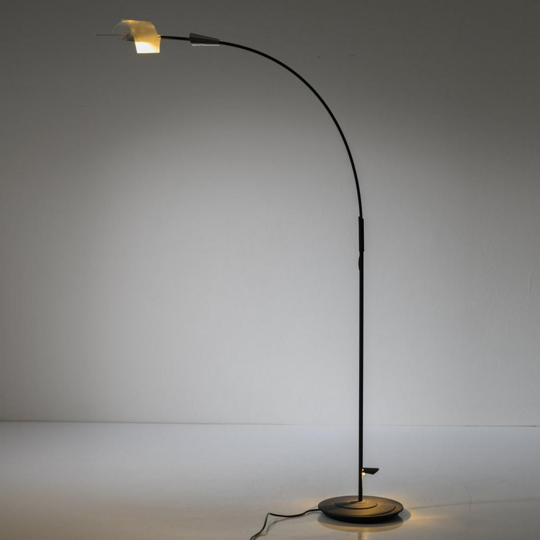 Bernhard Dessecker, 'Swingading' floor lamp, 1993: Bernhard Dessecker, 'Swingading' floor lamp, 1993, H. 126 cm. Made by Design M, Ingo Maurer, Munich. Cast metal, blackened, aluminum, plastic, plexiglass, movable stainless steel weight. Marked: manuf