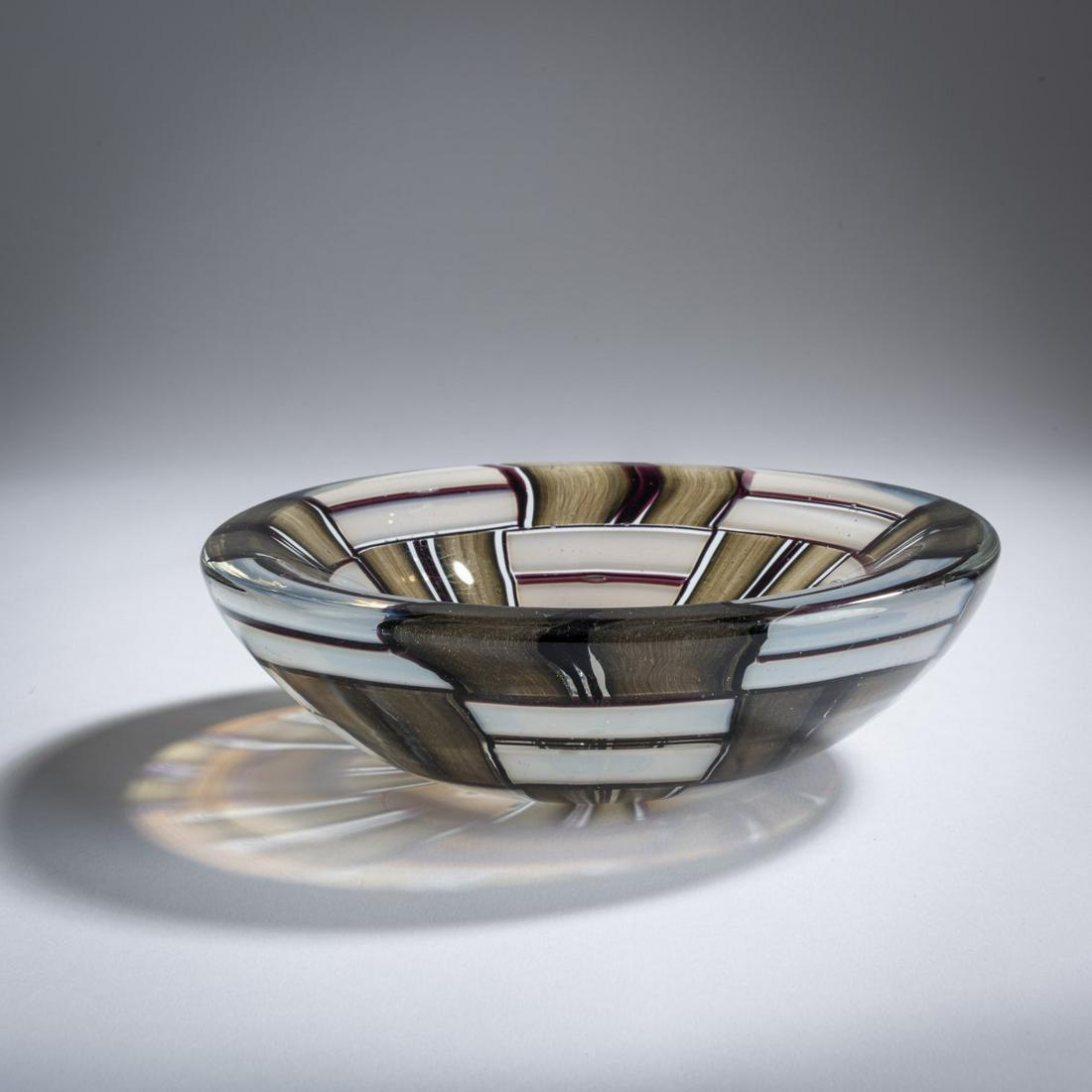 Ercole Barovier, 'Parabolico' bowl, 1957: Ercole Barovier, 'Parabolico' bowl, 1957, H. 10 cm; Ø 22.5 cm. Execution: Barovier & Toso. Colorless, thick-walled glass, vertically and horizontally fused, deep purple contoured rectangles