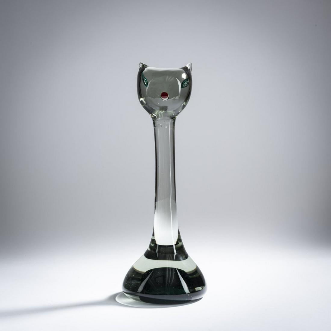 Antonio Da Ros, Cat from the 'Moonlight cat' series,: Antonio Da Ros, Cat from the 'Moonlight cat' series, 1960s, Conical ('birillo') glass figure. H. 35 cm. Execution: Gino Cenedese. Solid cased glass, tinted gray and petrol with attached nose in cherry