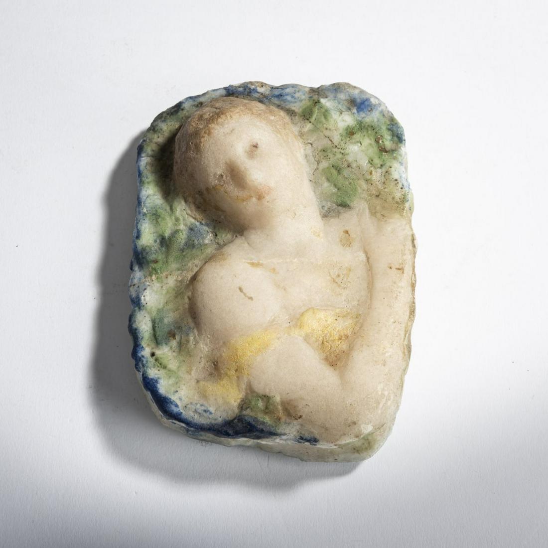 Henri Cros, Sèvres, Relief female bust, c. 1893: Henri Cros, Sèvres, Relief female bust, c. 1893, 15.5 cm, 11 x 5 cm. Pâte de verre, translucent glass gather, powder fusions predominantly in opal white, green, blue and yellow. Not sign.