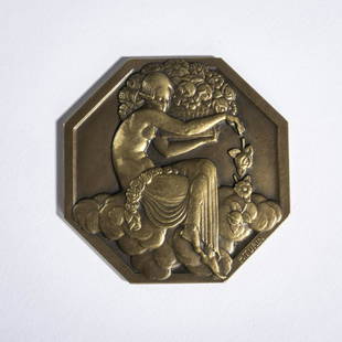 Pierre Turin, Plaque 'Exposition internationale des: Pierre Turin, Plaque 'Exposition internationale des Arts Décoratifs', 1925, 7 x 7 cm. Copper, dark patina, relief decoration with genie with flowers. Inscribed on the reverse: EXPOSITION INTERN