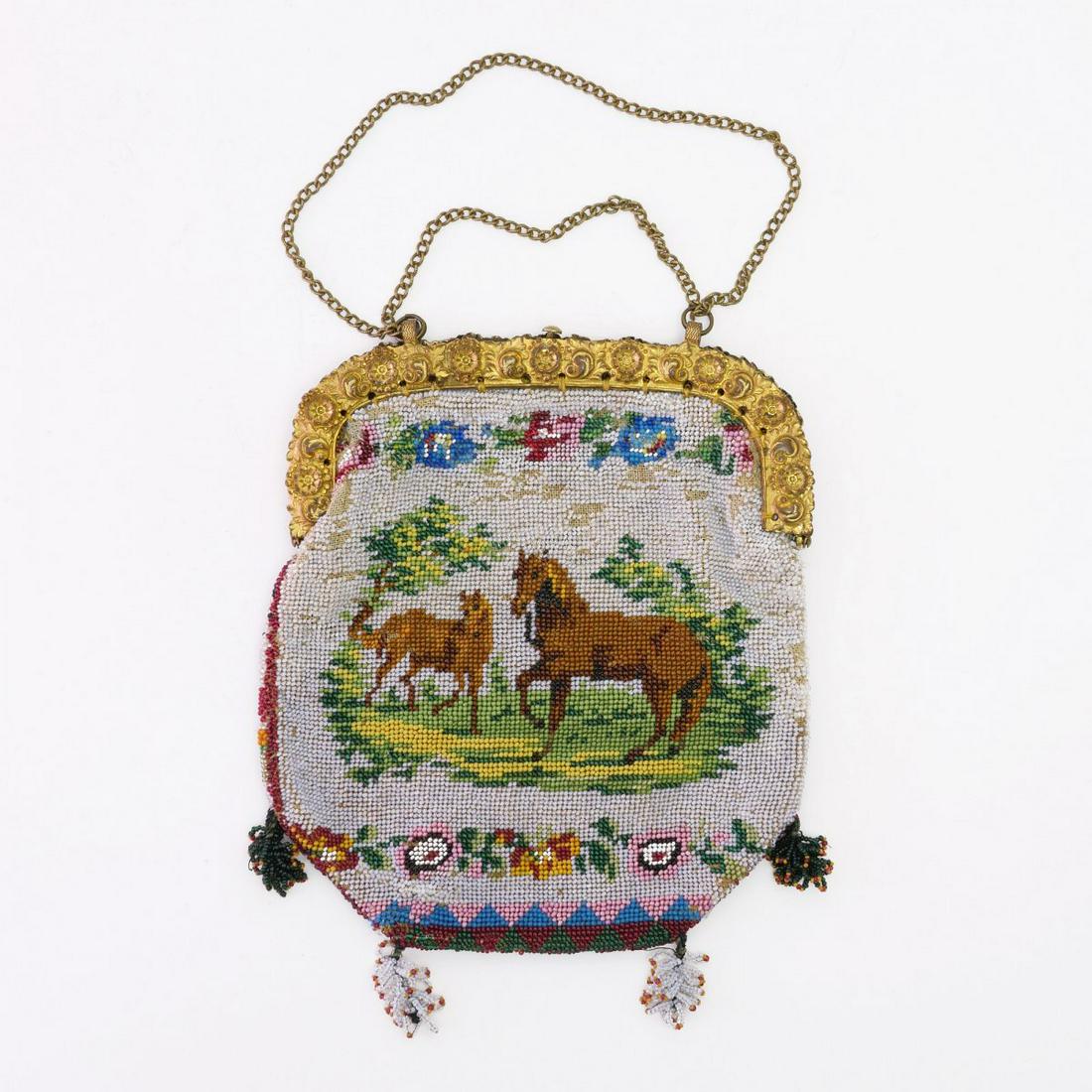 Bag with horses and man in the garden, 2nd half of the: Bag with horses and man in the garden, 2nd half of the 19th century., H. 18 x 15 cm. Polychrome bead embroidery on linen canvas, silk lining, brass bail, brass chain.,