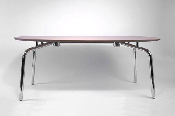 2299: Newson, Marc: Marc Newson. 'Sine' dinner table, designed in 1992. H. 71 x 183.5 x 120 cm. Made by Cappellini, Milan. Tubular steel, chrome-plated, MDF-sheet in mustard yellow. Marked: Maker's label.