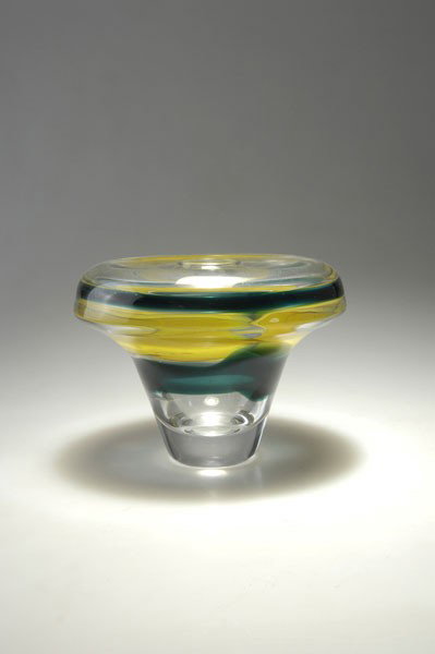 Meydam, Floris: Floris Meydam. 'Unica' vase, 1962. H. 16.7 cm. Made by Leerdam Glasfabriek. Thick glass, clear, included opaque-yellow and green band. Marked: Leerdam Unica MF36 H, FMeydam (diamond cut).