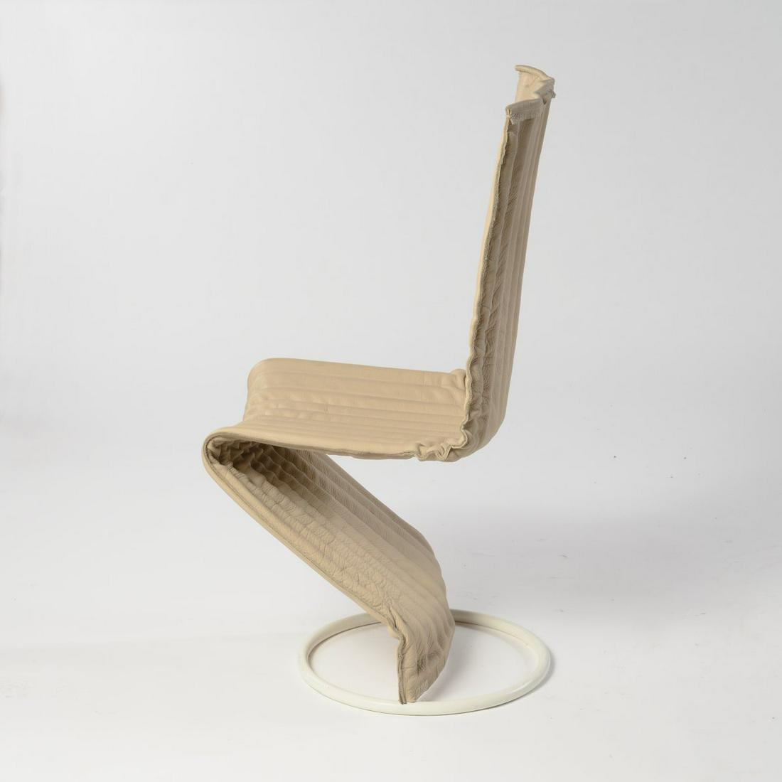 Stefan Heiliger, Prototype chair with spring steel: Stefan Heiliger, Prototype chair with spring steel bars, 1980, H. 104 x 46 x 58 cm. Made by Stefan Heiliger. Tubular metal, painted white, spring steel bars, leather, sand-colored.,