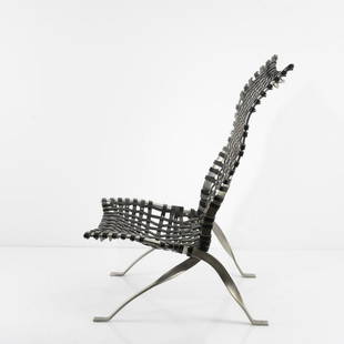 Jean Nouvel, 'Milana FTL' armchair, 1994: Jean Nouvel, 'Milana FTL' armchair, 1994, H. 116 x 76 x 91 cm. Made by Sawaya & Moroni, Milan. Forged steel straps, black saddle leather straps. Marked_ FTL MILANA NVL 94 (embossed).,