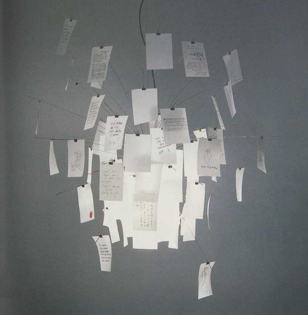 Ingo Maurer , 'Zettel'z' ceiling light, 1998: Ingo Maurer , 'Zettel'z' ceiling light, 1998, H. 80 cm, Ø 80 cm (circa). Made by Design M Ingo Maurer, Munich. Stainless steel, steel wire, matted glass, Japan paper. , Dessecker, Maurer Design