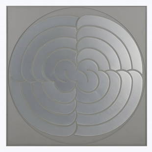 Natale Sapone (1920 Reggio Calabria - 2002 Frauenfeld),: Natale Sapone (1920 Reggio Calabria - 2002 Frauenfeld), Untitled (circles), 1973, Aluminum, mounted on a wooden plate. 126.7 x 126.7 cm. Signed on the reverse of the plate: Natale Sapone and dated: 19