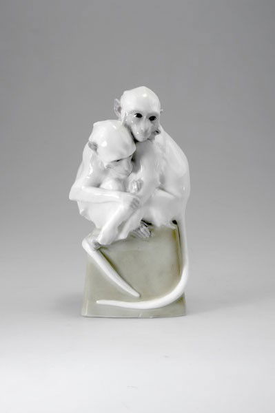 Wiener Kunstkeramische Werkstaetten Busch & Ludesc: Wiener Kunstkeramische Werkstaetten Busch & Ludescher. Monkeys on a rock, circa 1905. H. 27 cm. Designed by Michael Moertl. Faience, glazed grey. Marked: Moertl, 285/6, 285.