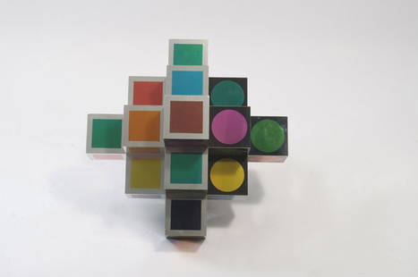 Victor Vasarely (Pecs 1906 - 1997 Paris): Victor Vasarely. 'Kroa Multicolor' dice object, designed circa 1963-68. 42.5 x 42.5 cm. Aluminium sheet, black and plated, polychromatic silkscreen with circles and squares.