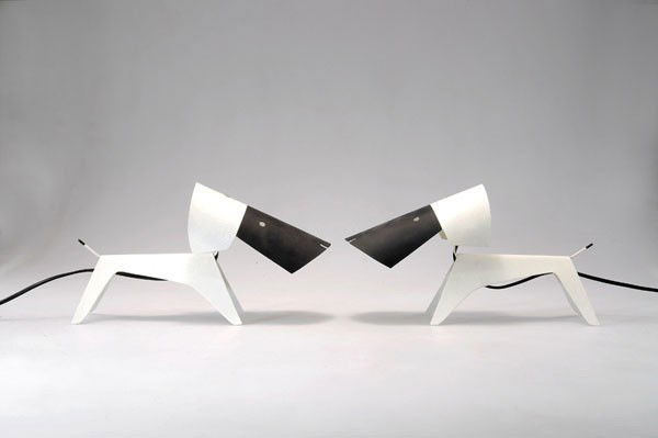 Jean-Boris Lacroix (1902 - 1984), Paris: Jean Boris Lacroix. Pair of 'Dog' lights, designed in the 1950s. H. 17.5 x 31 x 9.5 cm. Made by Pierre Disderot, Paris. Sheet metal, painted mostly white, 'face' black.