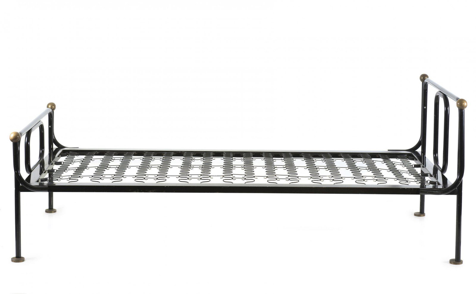 Kazuhide Takahama, 'Capocaccia' bed, 1963: Kazuhide Takahama, 'Capocaccia' bed, 1963, H. 74.5 x 203 x 89 cm. Made by Gavina, Milan. Tubular metal, painted black, brass with patina. , Gramigna, Repertorio 1950-1980, Milan 2001, p. 197.