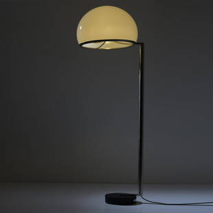 Lodovico Meneghetti; Giotto Stoppino; Vittorio: Lodovico Meneghetti; Giotto Stoppino; Vittorio Gregotti, '2051' floor lamp, 1966, H. 163 cm, Ø 52.5 cm. Made by Arteluce, Milan. Tubular metal, matt chrome-plated, plastic, white, cast metal, b