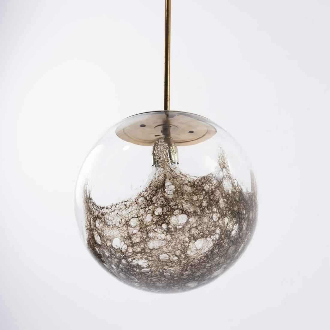 Angelo Brotto (attr.), Ceiling light, 1970s: Angelo Brotto (attr.), Ceiling light, 1970s, H. 92 cm, Ø 32 cm. Made by Esperia, Poggibonsi (attr.). Glass, colorless with enclosed steel wool, tubular brass, sheet brass.,