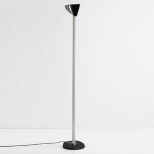 Bruno Gecchelin, 'Otello' floor lamp, 1985: Bruno Gecchelin, 'Otello' floor lamp, 1985, H. 189 cm. Made by Oluce, Milan. Sheet metal, tubular metal, painted black and white., Cat. O-Luce SpA, Milan nd, p. 68.