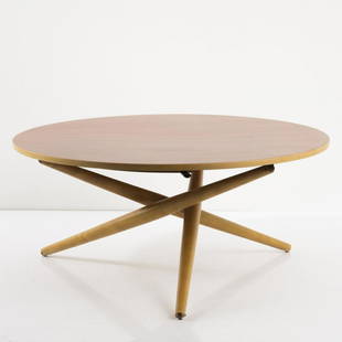 Jürg Bally, 'S.T.-Tisch' coffee table, 1954: Jürg Bally, 'S.T.-Tisch' coffee table, 1954, H. 40-70 cm, Ø 100 cm. Made by Wohnhilfe, Zurich. Maple, maple veneer, tubular brass, sheet brass. , Rüegg (Ed.), Schweizer Möbel und
