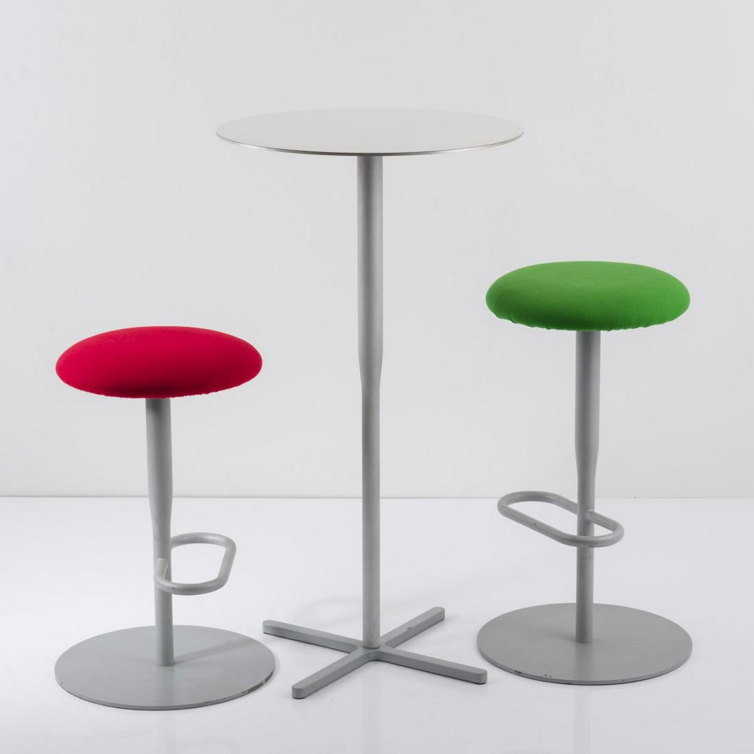 Jasper Morrison, Bistro table with two stools from the: Jasper Morrison, Bistro table with two stools from the 'Atlas System' series, 1992, Table: H. 110 cm, Ø 59.5 cm. Stool: H. 68 / 79 cm, Ø 40 cm. Made by Alias, Bergamo. Tubular aluminum,