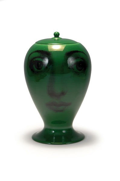 Piero Fornasetti; Barnaba Fornasetti. 'Buonanotte': Piero Fornasetti; Barnaba Fornasetti. 'Buonanotte' jar, designed in the 1960s. H. 29 cm. Made by Bitossi, Montelupo for Fornasetti, Milan, circa 2000. Earthenware, glazed green, printed woman's face.