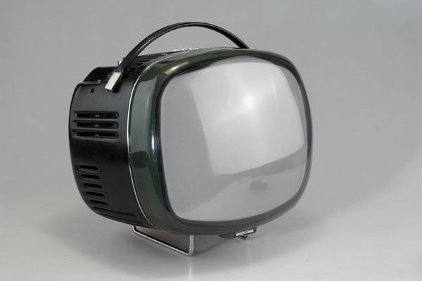 Richard Sapper; Marco Zanuso. 'Doney 14' TV-set, d: Richard Sapper; Marco Zanuso. 'Doney 14' TV-set, designed in 1962. H. 37.5 x 36 x 33 cm. Made by Brionvega, Milan. Chrome-plated metal, black plastic, perspex, partly moss green. Marked: BRIONVEGA. RA
