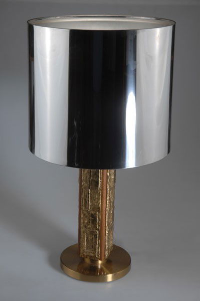 Angelo Brotto. Table light, designed circa 1975. H: Angelo Brotto. Table light, designed circa 1975. H. 69 cm; Diameter 40 cm. Made by Esperia, Poggibonsi (attributed). Nutwood with brass cover, aluminium shade. Marked: BROTTO.