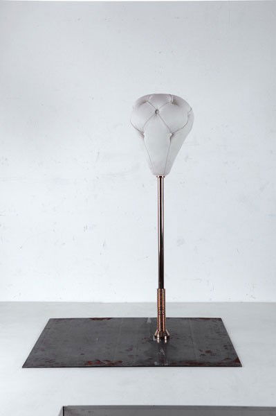 Mathieu Lehanneur. 'Punching ball', designed circa: Mathieu Lehanneur. 'Punching ball', designed circa 2009. H. 126.5 x 82.2 x 100 cm. Made by Poltrona Frau, Milan. Sheet steel, tubular steel, brass-plated, white leather. Marked: Poltrona Frau.