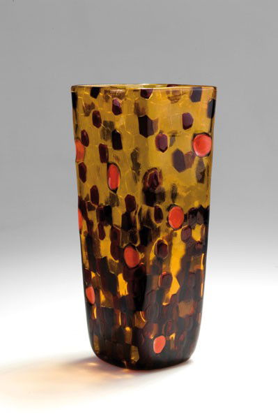 Gianni Versace. 'Marte' vase, designed circa. 199: Gianni Versace. 'Marte' vase, designed circa. 1995. H. 27.2 cm. Made by Venini & C., Murano, in 2001. Fused murrhine in brown, cherry-red and orange. Marked: Versace venini 2001/ 43.