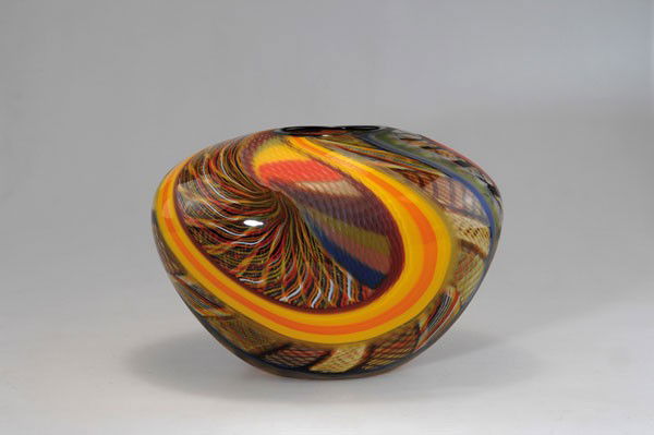 Massimiliano Schiavon. Vase, 2007. H. 30 cm. Clea: Massimiliano Schiavon. Vase, 2007. H. 30 cm. Clear cased glass, included and fused polychromatic bands and webs. Marked: 2007 Schiavon M (engraved).