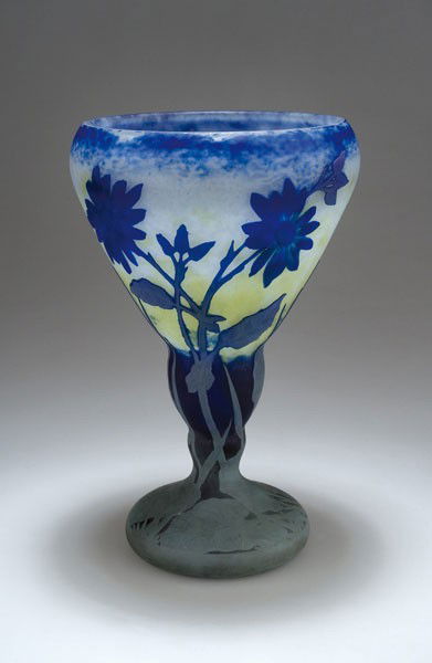 Daum Frres, Nancy. 'ChicorŽe des prŽs' vase, 190: Daum Frres, Nancy. 'ChicorŽe des prŽs' vase, 1905-08. H. 23.3 cm. Cased glass, clear, yellow powder inclusions, blue and opal grey. Multiply etched pattern with chicory and grass, large bud worked w