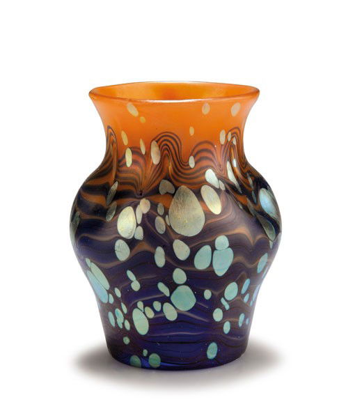 Johann Loetz Wwe., KlostermŸhle. 'Cytisus' vase,: Johann Loetz Wwe., KlostermŸhle. 'Cytisus' vase, 1902. H. 11.2 cm. Cased glass, milky pink and clear, lower part with combed blue threads, above them Cytisus pattern of silver-yellow dots, strong mat