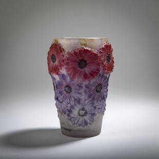 Gabriel Argy-Rousseau, Paris , 'Soucis' vase, 1920: Gabriel Argy-Rousseau, Paris , 'Soucis' vase, 1920, Slightly expanding cup shape. H. 14.7 cm. Pâte de verre, translucent glass mass, colorless, worry flowers in relief in pink and violet. Wall s