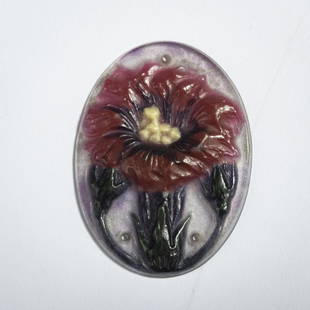 Gabriel Argy-Rousseau, Paris, 'Magnolia' pendant, 1924: Gabriel Argy-Rousseau, Paris, 'Magnolia' pendant, 1924, 6.5 x 4.8 cm. Pâte de verre, translucent glass mass, colorless, magnolia relief in dark red, vanilla yellow and dark green. Signed: GAR