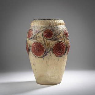 Gabriel Argy-Rousseau, Paris, Vase 'Fleurs de Perse', 1924: Gabriel Argy-Rousseau, Paris, Vase 'Fleurs de Perse', 1924, Ovoid with gadrooned lip. H. 30 cm. Pâte de verre, translucent glass mass, colorless, slightly yellowish, flowers in relief in orange