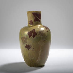 Amédée de Caranza & Jeanne Duc, 'Lierre' vase, c. 1900: Amédée de Caranza & Jeanne Duc, 'Lierre' vase, c. 1900, H. 18.8 cm. Colorless glass, painted with reduction colors, ivy motif, metallically lustrous. Signed: Duc A. de CARANZA