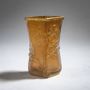 Daum Frères, Nancy, 'Laurier rose' vase, c. 1896: Daum FrÃ¨res, Nancy, 'Laurier rose' vase, c. 1896, H. 11.3 cm. Overlaid glass, colorless and honey-colored. Etched, engraved and gilded. Motif with oleander on a rough background. Bottom signed: