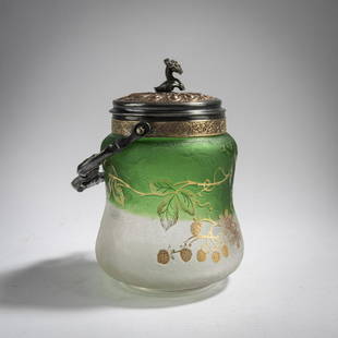 Daum Frères, Nancy, Candy jar with mounting, c.1897: Daum Frères, Nancy, Candy jar with mounting, c.1897, H. 18.8 cm. Glass, colorless/green. Etched decoration with strawberries heightened with gold. Signed: workshop mark with cross of Lorraine