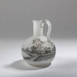 Daum Frères, Nancy, Small 'Delft' jug, c. 1898: Daum Frères, Nancy, Small 'Delft' jug, c. 1898, H. 12.5 cm. Cased glass, milky opalescent and colorless. Etched motif of a Dutch coastal landscape with a village and sailing boats in black