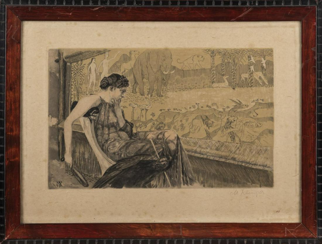 Max Klinger , 'The Leuckart Diploma (Penelope)', 1895: Max Klinger , 'The Leuckart Diploma (Penelope)', 1895, 18.9 x 30.0 cm (plate), 32.0 x 42.6 cm (frame). Aquatint etching on Japan. Monogrammed lower left in the plate: MK and dated: (18)95, signed lowe