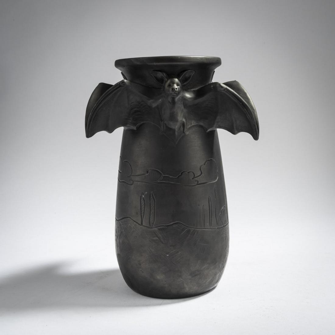 Lauritz Adolph Hjorth, 'Bat' vase, c. 1900: Lauritz Adolph Hjorth, 'Bat' vase, c. 1900, H. 18.6 cm. Execution: Hjorth's Terracottafabrik, Rönne (Bornholm). Stoneware, matt anthracite glaze. Marked: L. HJORTH, 787, BORNHOLM (embossed). ,