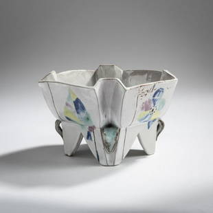 Hilda Jesser, Bowl, 1921: Hilda Jesser, Bowl, 1921, H. 10.6 cm, 15.8 x 15.7 cm. Made by Wiener Werkstätte. Majolica, polychrome glaze on white. Marked: WW, MADE IN AUSTRIA, 825 (embossed)., Cf. Exh. cat. Expressive Kerami
