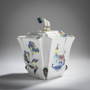 Hilda Jesser, Lidded bowl, 1921: Hilda Jesser, Lidded bowl, 1921, H. 29 cm, 16.5 x 16.5 cm. Made by Wiener Werkstätte. Majolica, polychrome glaze on white. Marked: WW, MADE IN AUSTRIA, 824 (embossed)., Exh. cat. Expressive Keram