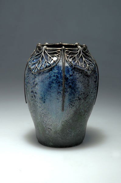 Atelier de Glatigny. Vase with silver mounting, circa 1: Atelier de Glatigny. Vase with silver mounting, circa 1900. H. 22.2 cm. Porcelain, metallic glaze in steel-grey. Marked: two embossed marks, 450 (pencil). Silver mounting can be partly removed. Marked