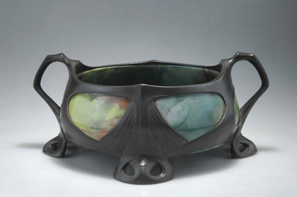 Walter Scherf & Co., Nuremberg. Flowerpot, circa : Walter Scherf & Co., Nuremberg. Flowerpot, circa 1901/02. H. 19.5 cm; 42.5 x 37 cm. Designed by Walter Scherf (attributed). Pottery made by Vilm˜s Zsolnay, PŽcs. Pewter, open, earthenware, polychrom