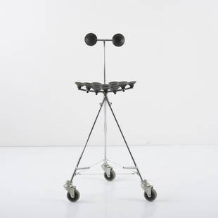 Martin Wilke, 'Suction cup chair', c. 1999: Martin Wilke, 'Suction cup chair', c. 1999, H. 92.5 x 50 x 44 cm. Metal rods, chrome-plated, steel wire, rubber, black and gray. Marked: Fallshaw Australia (casters).,