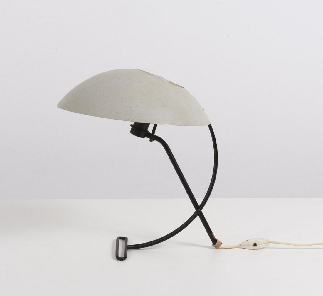 Louis Christiaan Kalff, 'NB 100' table light, 1953: Louis Christiaan Kalff, 'NB 100' table light, 1953, H. 35 cm,Ø 30 cm. Made by Philips, Eindhoven. Tubular steel, painted black, sheet aluminum, painted white. Marked: PHILIPS MADE IN HOLLAND. ,