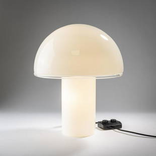 Luciano Vistosi, 'Onfale tavolo' table light, 1978: Luciano Vistosi, 'Onfale tavolo' table light, 1978, H. 45 cm,&Oslash; 35 cm. Made by Artemide, Milan. Glass, opal white and colorless. Marked: manufacturer's label, hang tag., Fiell (Eds.), 1000 Light