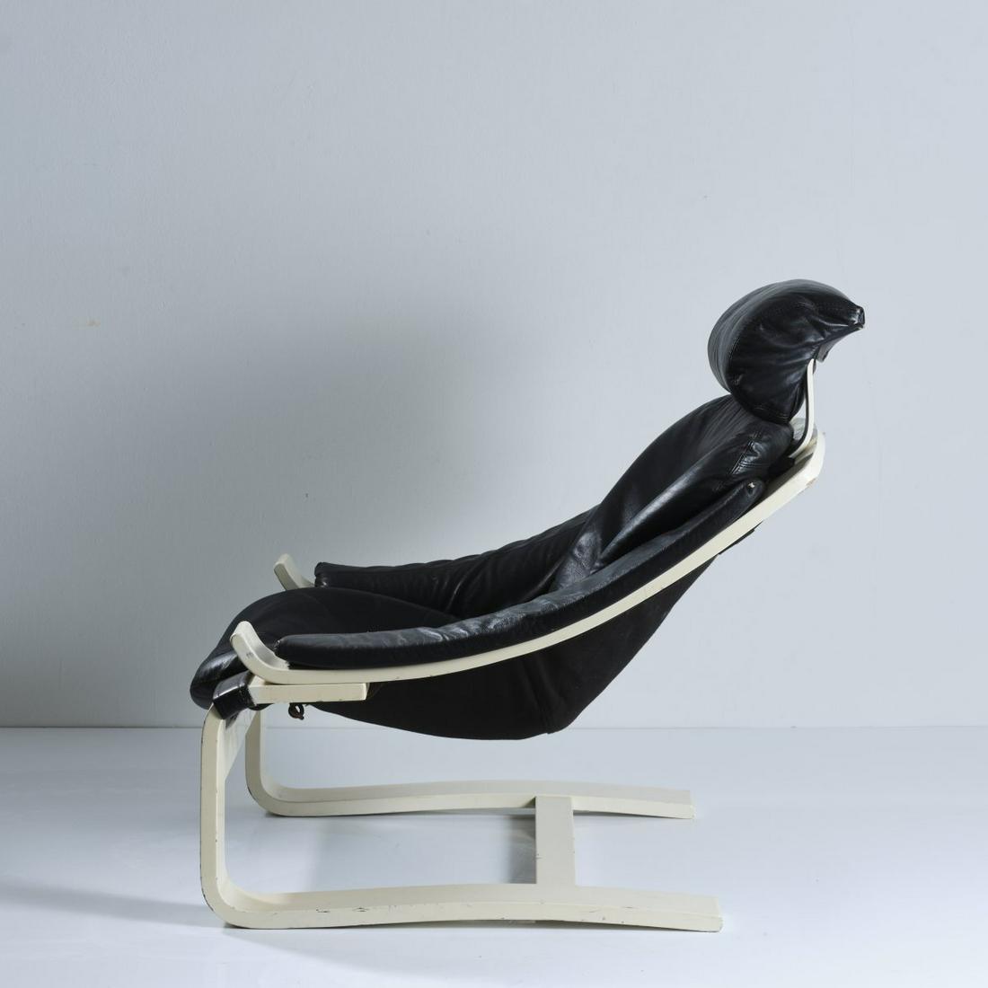 Ake Fribyter, Lounge chair 'Kroken', 1973: Ake Fribyter, Lounge chair 'Kroken', 1973, H. 89 x 77 x 98 cm. Made by NELO, Knislinge. Plywood, painted white, black leather., Gordan, Svenska Stolar, Stockholm 2002, p. 231.