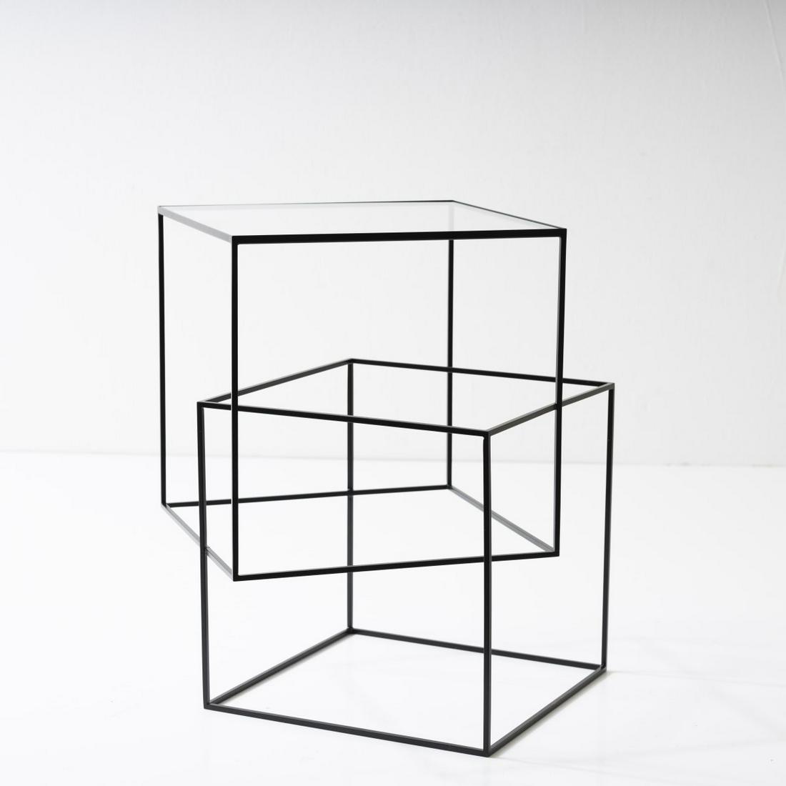 Nendo Inc., Tokyo, 'Thin Black Table' side table, 2010: Nendo Inc., Tokyo, 'Thin Black Table' side table, 2010, H. 52 x 47 x 47 cm. Made by Cappellini, Milan. Sectional metal, painted black, clear glass., Nendo, London 2019, p. 182.