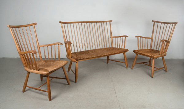 Arno Lambrecht: Arno Lambrecht. 'WKS' bench and two easy chairs, designed circa 1955. Bench: H. 91 x 130 x 63 cm; easy chairs: H. 89 x 61 x 67 cm. Made by WK-Möbel, Stuttgart, in the 1950s. Beechwood, reedwork.