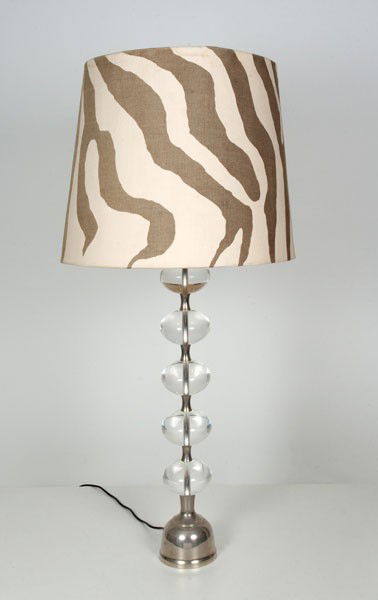 Ingo Maurer: Ingo Maurer. 'ML 5 B' floor light, designed in 1967. H. 117 cm; Dm. 46.5 cm. Made by Design M, Ingo Maurer, Munich. Clear perspex, chrome-plated metal, paper shade with mounted Zebra fabric.